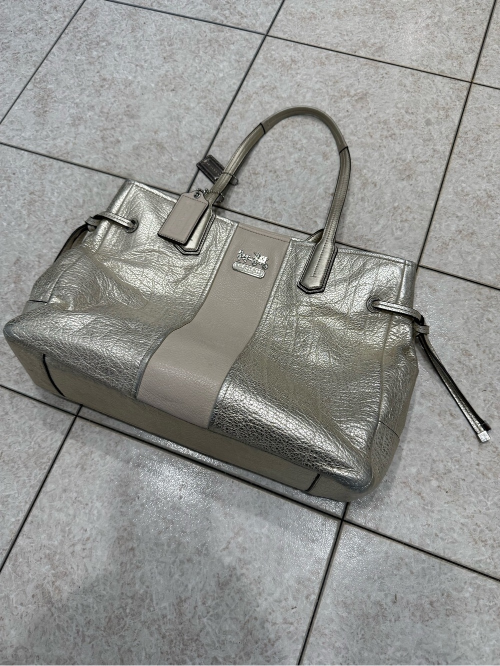 Coach Metallic Silver with Cream Center Stripe Leather Tote J1126-18962